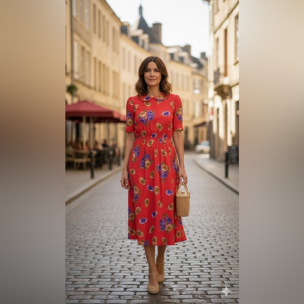 Vintage 80s lori ann red floral dress w/peter pan collar small